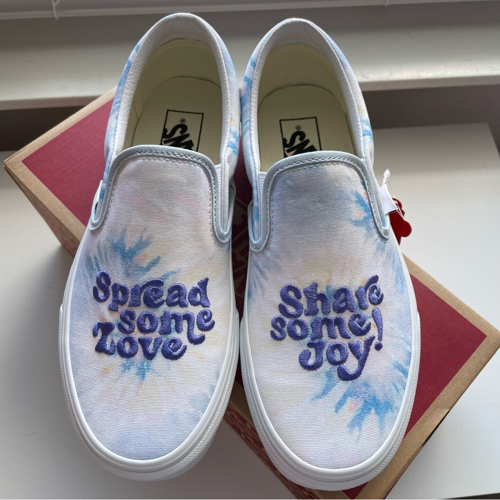 **RARE** VANS Classic Slip-On (Love and Joy) Blue Tie-Dye Sneakers